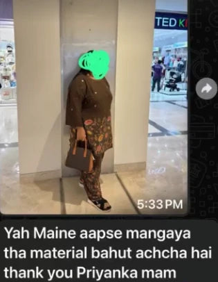 Ritu M. wearing Brown Floral Suit Set with customer message