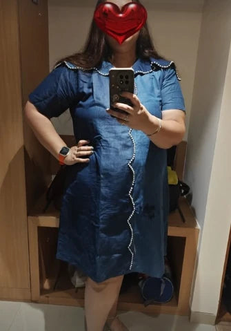 Kavita Rao wearing Navy Blue Pearl Scallop Dress
