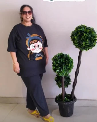 Neelam Sharma wearing Black Graphic Co-ord Set in 4XL